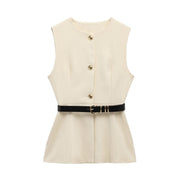Belt Sleeveless Vest Woman Waistcoat Button Blouse Top