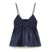 Blue Crop Top Women Ruffle Knitted Camisole Blouse