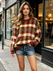 Casual Round Neck Fleece Plaid Print Sweatshirt