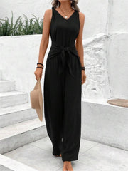 Casual Sleeveless V Neck Lace-Up Wide Leg Pants Jumpsuits