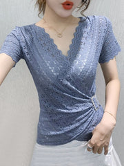 Elegant Sexy Women Blouse V-neck Lace Blue Top