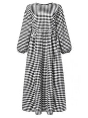 Plaid Print Pleated Round Neck Casual Half Sleeve Women Midi Dress