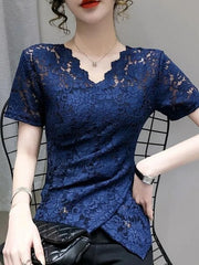Fashion Sexy Women Navy Blue V-neck Lace Blouse