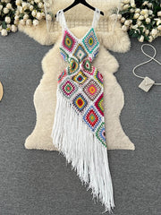 Plaid Elastic Tassel Long Dress Irregular Knitted Backless Maxi Dress