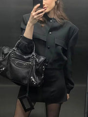 Vintage Solid Long Sleeve Lapel Zipper Jacket