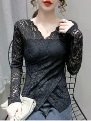 Sexy Women Black V-neck Lace Long Sleeve Blouse