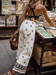 Casual Print Linen High Waist Pants Women