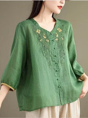 Casual 3/4 Sleeve Embroidery Floral Blouse