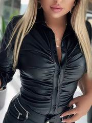 Faux Leather Button Front Shirt For Women