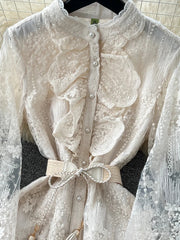 Fashion Flare Sleeve Ruffles Belt Lace Party Long Dress