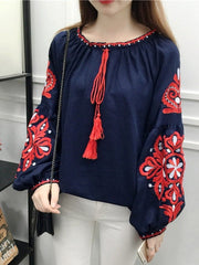 Female Retro Blouse Lantern Sleeve Tops Loose All-Match