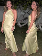 Woman Off Shoulder Satin Halter Long Dress