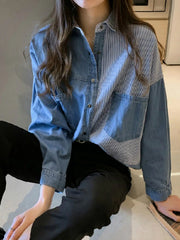 Women's Loose Top Denim T-Shirt Irregular Stripe Design