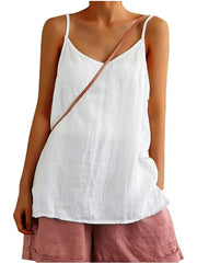 Summer Top Cotton Linen Spaghetti Strap Top V-neck