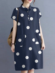 Polka Dot Print Cotton Button Pockets Women Midi Dress