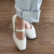 Mary Jane Shoes Square Toe Flat Cowhide Ladies Shoes