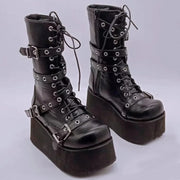 Women Boots Buckle Round Toe Wedges 8cm Platform Boots