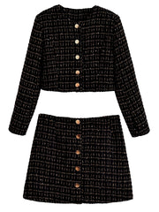 Women Black Braided Gold Thread Tweed Blazer