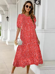 Flower Print High Low Hem Casual Short Sleeve Pocket Women Midi Dress