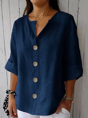 Women V-Neck Cotton Linen Button Top