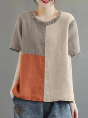 Women Patchwork Blouse Short Sleeve Tunics