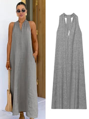 Women Grey Dress Halter Backless Long Dresses