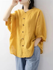 Cotton and Linen Shirt Stand Collar Top