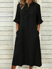 Summer Cotton Linen Stand-up Collar Midi Dress