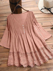 Women Cotton Linen Retro V Neck Blouse