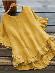 Simple Linen Blend Shirt O-neck Loose T-shirt