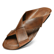 Cowhide Open-toe Sandal Man Flat Slides