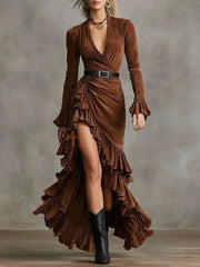 Deep V Long Sleeve Ruffle High Slit Long Dress