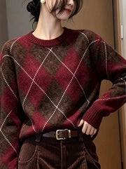 Block Diamond Grid Lazy Style Round Neck Sweater