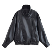 Fall Black Long Sleeve Pebble Faux Leather Jacket