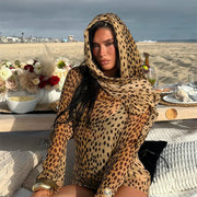 Leopard Print See Through Short Scarf Collar Full Sleeve Cloth
