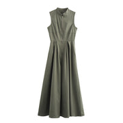 Zipper Long Dress Women Pleated Sleeveless Bodycon Dress