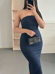 Elegant Off Shoulder Denim Corset Long Dress Women