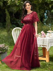 Sequin Mesh Leaf Maxi Prom Dress Sparkle Evening Dresses