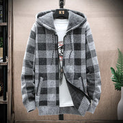 Winter Plaid Sweater Hooded Cardigan Cold Coat