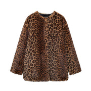 Leopard Print Long Jacket Women Faux Fur Winter Coat