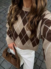 Retro Argyle Round Neck Knit Sweater
