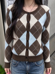 Retro Diamond Plaid Fuzzy Sweater
