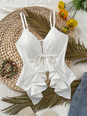 Women Thin Spaghetti Strap Ruffle Hem Slim Crop