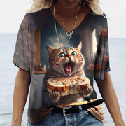 Women V-neck Tops Printed Cat T-shirt