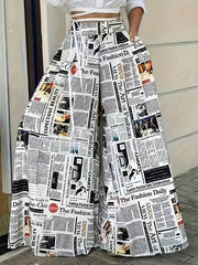 Vintage Newspaper Print Wide Leg Pants For Women