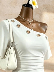 Women Diagonal One Shoulder Eyelet Ring Decor Short