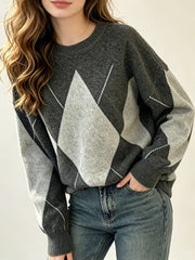 Women Knit Argyle Pullover Round Neck Long Sleeve Tops