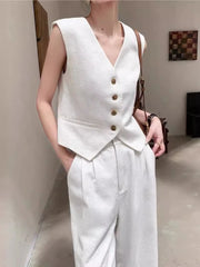 Women Outfits Vest Wide Leg Pants Beige Office Pant Sets