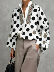 Women Retro Polka Dot Printed Shirt Tops Long Sleeves