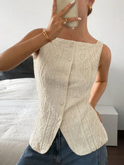 Women Sleeveless Texture Single Breasted Casual Shirt